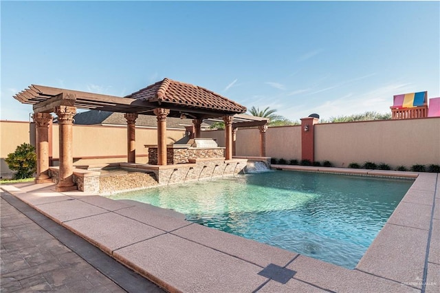 view of pool featuring a fenced in pool, area for grilling, fence, a patio area, and a pergola