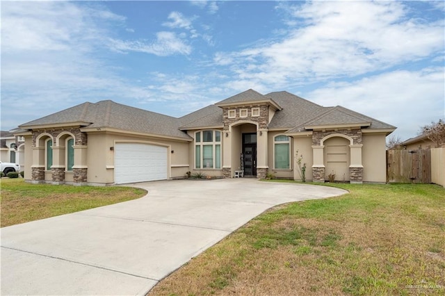 view of front of home with a front yard, fence, an attached garage, and stucco siding