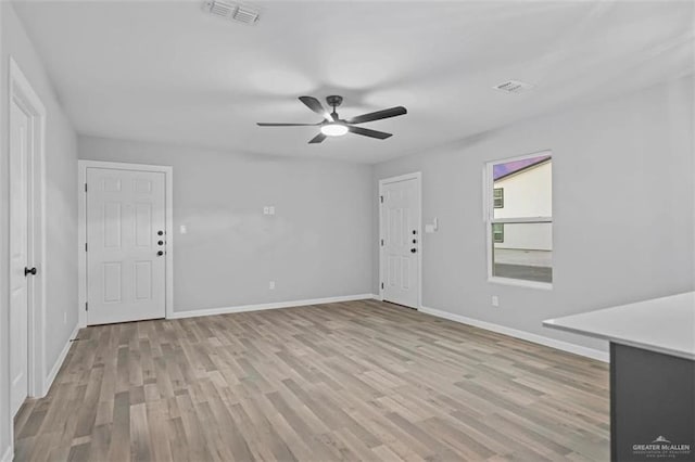 unfurnished living room featuring ceiling fan and light hardwood / wood-style floors