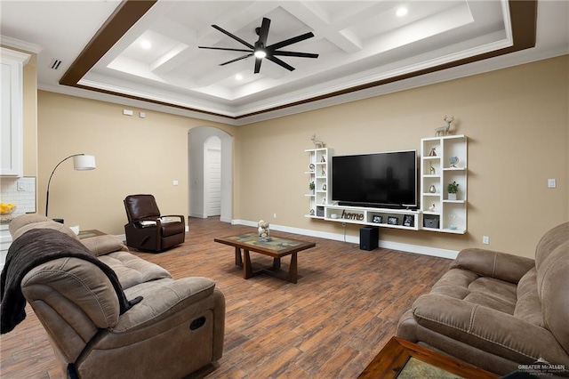 1408 May Dr, Edinburg, TX 78539 - living room with recessed lighting, a ceiling fan, arched walkways, and wood finished floors