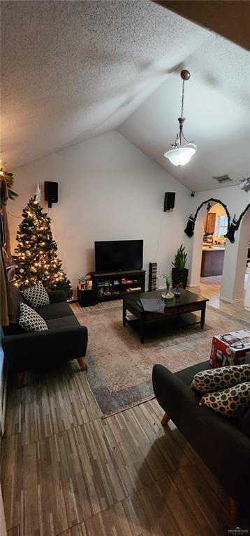 living room with hardwood / wood-style flooring, lofted ceiling, and a textured ceiling