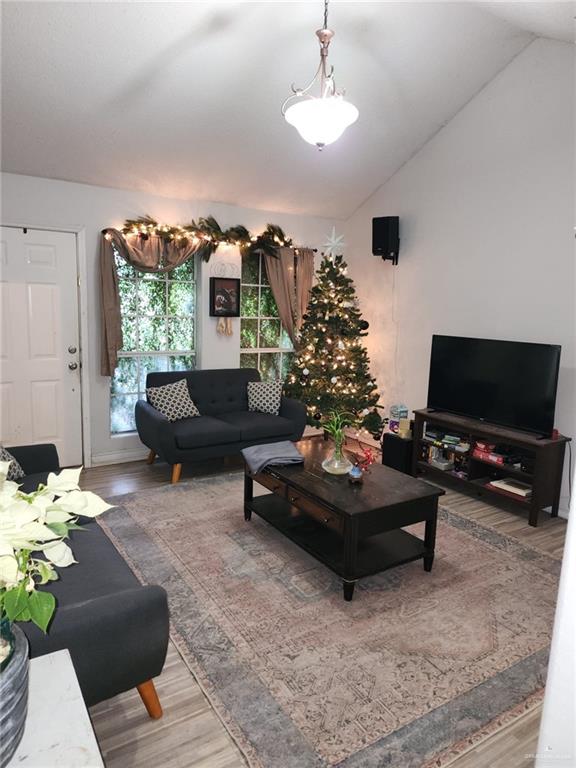 living room featuring lofted ceiling and wood-type flooring