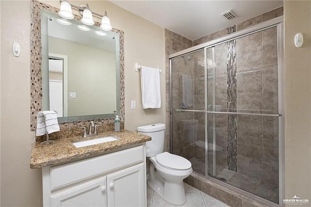 full bathroom with a stall shower, visible vents, toilet, tile patterned floors, and vanity