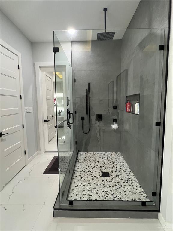 bathroom with separate shower and tub and vanity