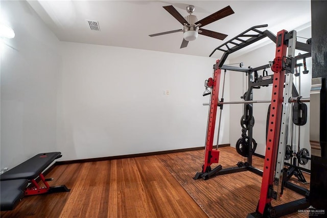 exercise room with wood-type flooring and ceiling fan