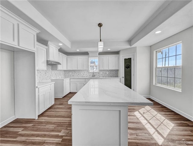 kitchen with wood finished floors, light stone countertops, a tray ceiling, tasteful backsplash, and a center island