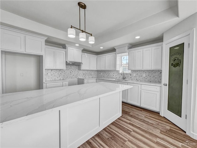 kitchen with white cabinetry, light stone countertops, wood finished floors, and a sink