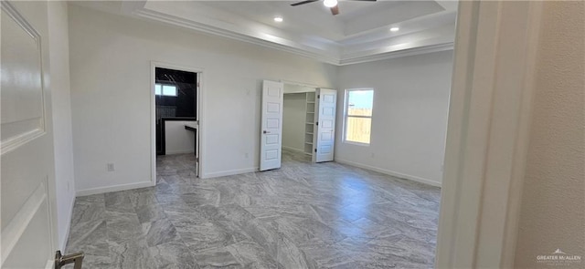 3808 Revilla St, Edinburg, TX 78542 - unfurnished bedroom with baseboards, a tray ceiling, ceiling fan, and ornamental molding
