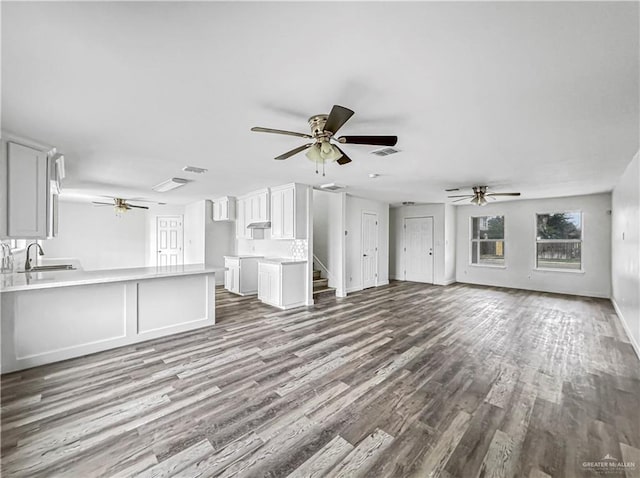 unfurnished living room featuring wood-type flooring, ceiling fan, and sink