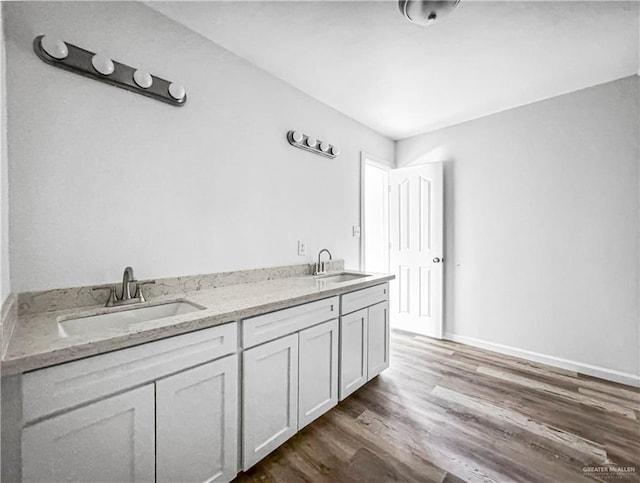 bathroom with hardwood / wood-style flooring and vanity