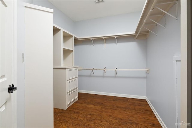 spacious closet featuring dark hardwood / wood-style flooring