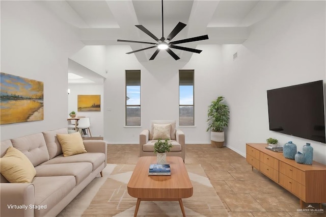 living room with vaulted ceiling and ceiling fan