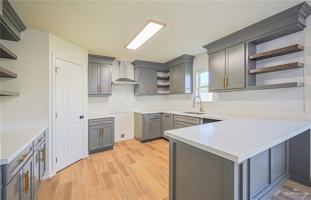 kitchen featuring kitchen peninsula, light wood-type flooring, gray cabinetry, sink, and wall chimney range hood