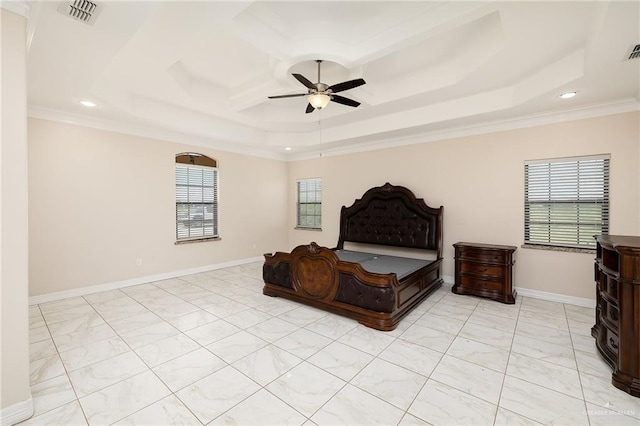 8605 Estrella Dr, Elsa, TX 78538 - bedroom featuring crown molding, recessed lighting, a tray ceiling, and visible vents