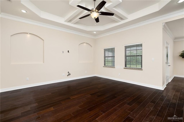 8605 Estrella Dr, Elsa, TX 78538 - spare room with crown molding, ceiling fan, dark wood finished floors, recessed lighting, and coffered ceiling