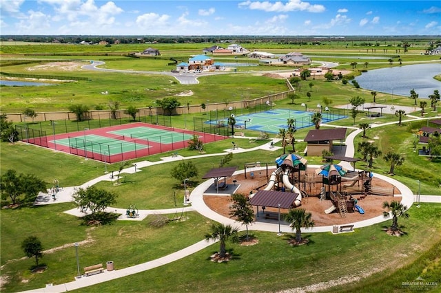 birds eye view of property featuring a water view