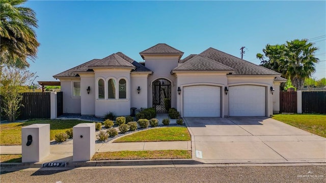 view of front of house with fence, a garage, driveway, and stucco siding