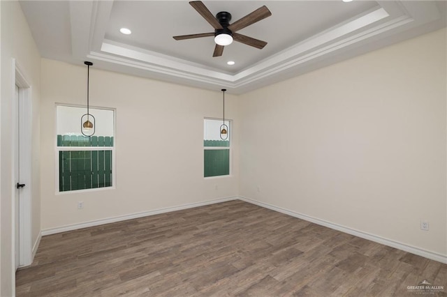 empty room featuring ceiling fan, a raised ceiling, and wood-type flooring