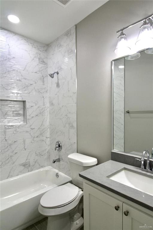 full bath with toilet, tub / shower combination, and vanity