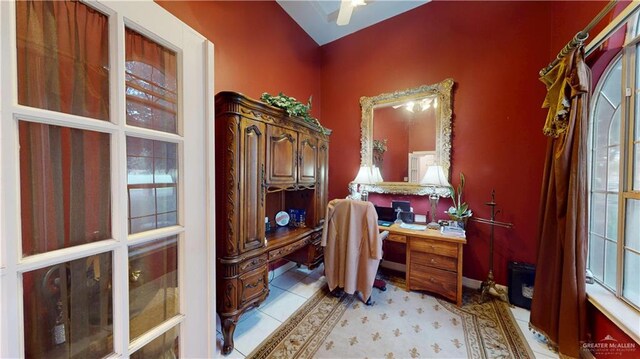 2802 Huisache Ave, Edinburg, TX 78539 - office space featuring light tile patterned floors, ceiling fan, vaulted ceiling, and baseboards