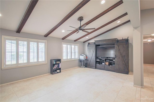 tiled living room with vaulted ceiling with beams and ceiling fan
