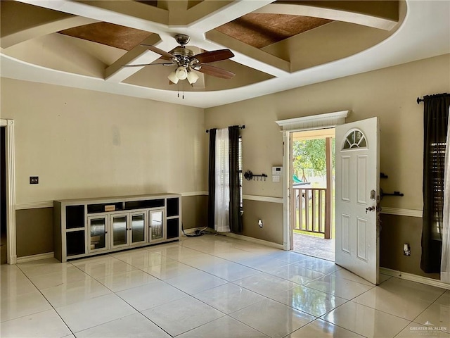 interior space with beamed ceiling, light tile patterned floors, ceiling fan, and coffered ceiling