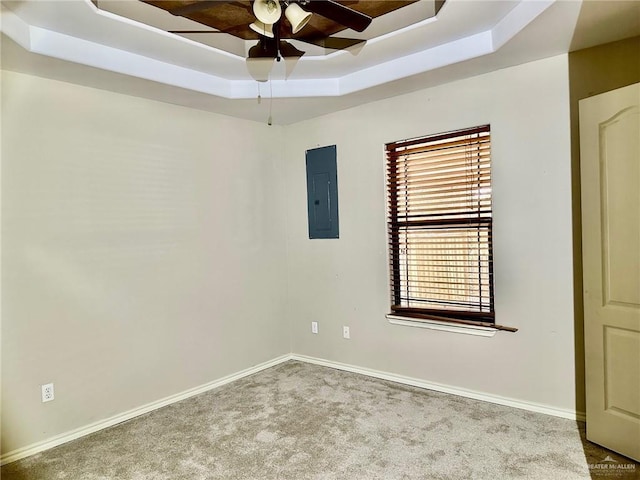 spare room featuring electric panel, a tray ceiling, and light colored carpet