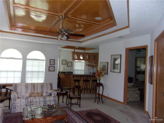 living room featuring a raised ceiling and crown molding