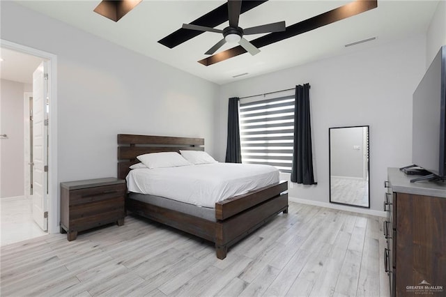 bedroom with visible vents, baseboards, ceiling fan, and light wood finished floors