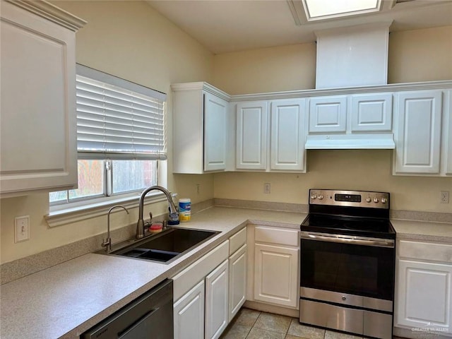 2100 Emory Ave, Mcallen, TX 78504 - kitchen featuring a sink, under cabinet range hood, stainless steel electric range, dishwashing machine, and white cabinets