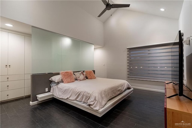 2411 Holland Ave, Edinburg, TX 78539 - bedroom with recessed lighting, baseboards, a ceiling fan, and high vaulted ceiling
