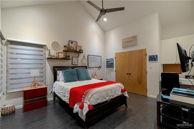2411 Holland Ave, Edinburg, TX 78539 - bedroom featuring high vaulted ceiling, baseboards, recessed lighting, wood finished floors, and a ceiling fan