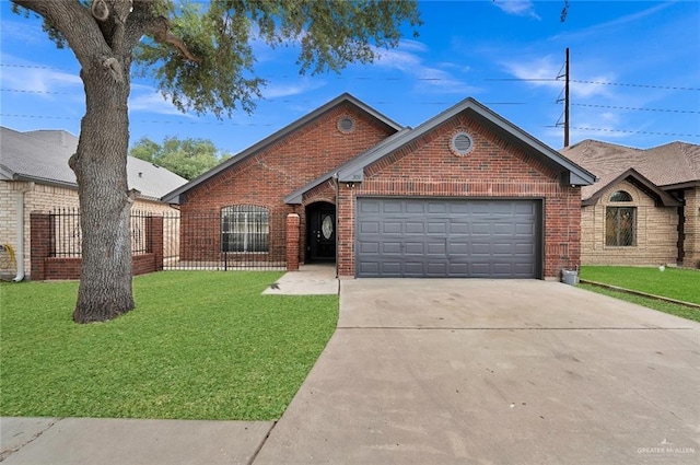 ranch-style home featuring an attached garage, driveway, a front lawn, and brick siding