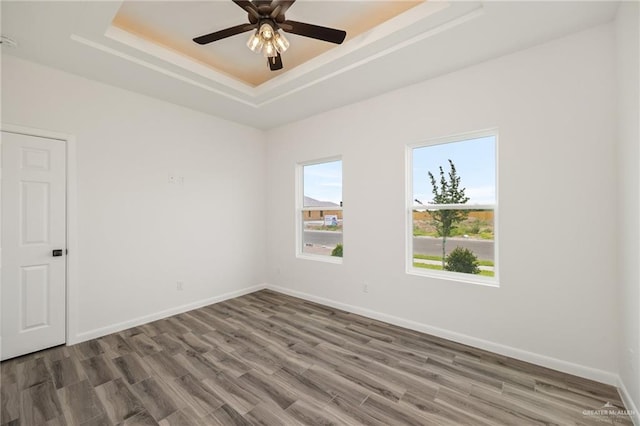 spare room featuring wood-type flooring, a tray ceiling, and ceiling fan