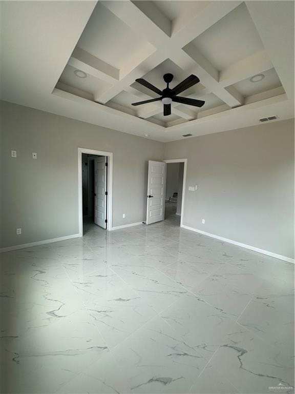 unfurnished room featuring beam ceiling, ceiling fan, and coffered ceiling