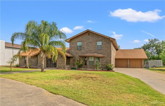 view of front of house with central AC, a front yard, and a garage