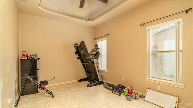 2904 Victoria St, Hidalgo, TX 78557 - exercise room with a ceiling fan and a tray ceiling
