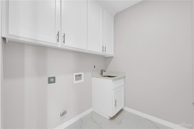 laundry area with hookup for a washing machine, hookup for an electric dryer, a sink, baseboards, and marble finish floor