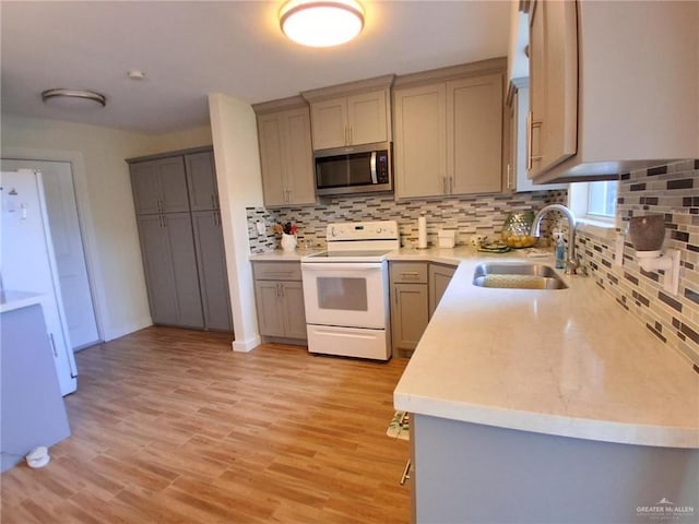 613 W Sprague St, Edinburg, TX 78539 - kitchen with white range with electric stovetop, stainless steel microwave, a sink, and gray cabinets