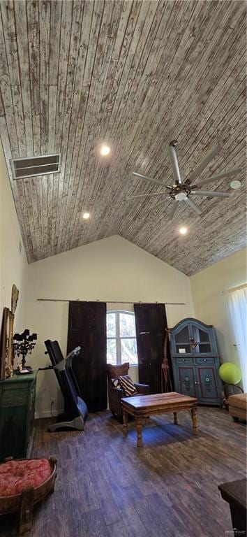 garage featuring wooden ceiling, visible vents, and ceiling fan