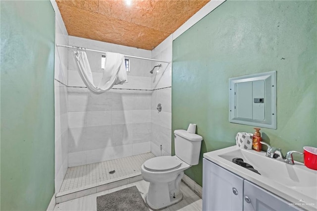 bathroom featuring vanity, electric panel, tile patterned floors, toilet, and walk in shower