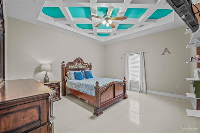 tiled bedroom featuring ceiling fan and coffered ceiling