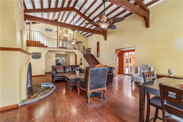 27101 N State Highway 345, San Benito, TX 78586 - living area with stairway, high vaulted ceiling, beam ceiling, wood-type flooring, and a ceiling fan