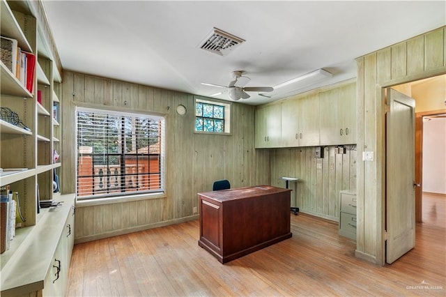 27101 N State Highway 345, San Benito, TX 78586 - home office with ceiling fan, light wood-style floors, and wooden walls