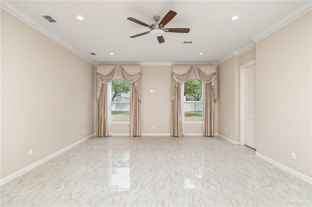 unfurnished room with ceiling fan and crown molding