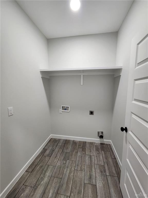 clothes washing area with electric dryer hookup, dark wood-type flooring, and hookup for a washing machine