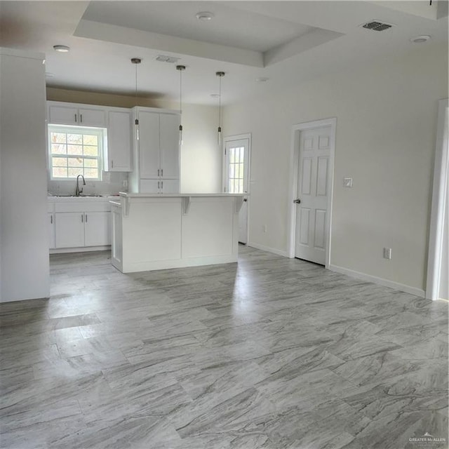 unfurnished living room with sink and a tray ceiling