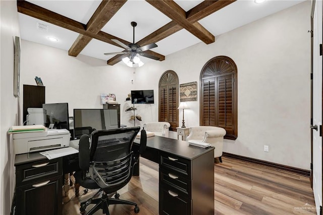 home office featuring coffered ceiling, wood finished floors, beamed ceiling, and a ceiling fan
