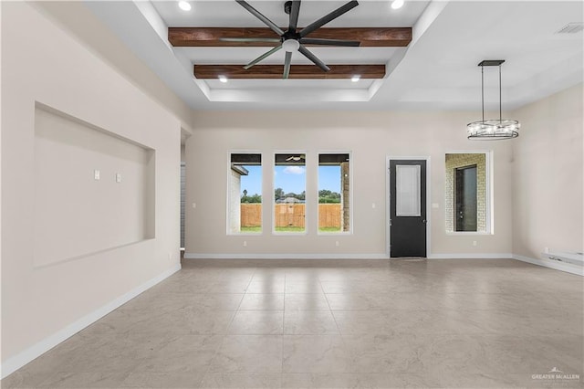 interior space with beam ceiling and ceiling fan with notable chandelier