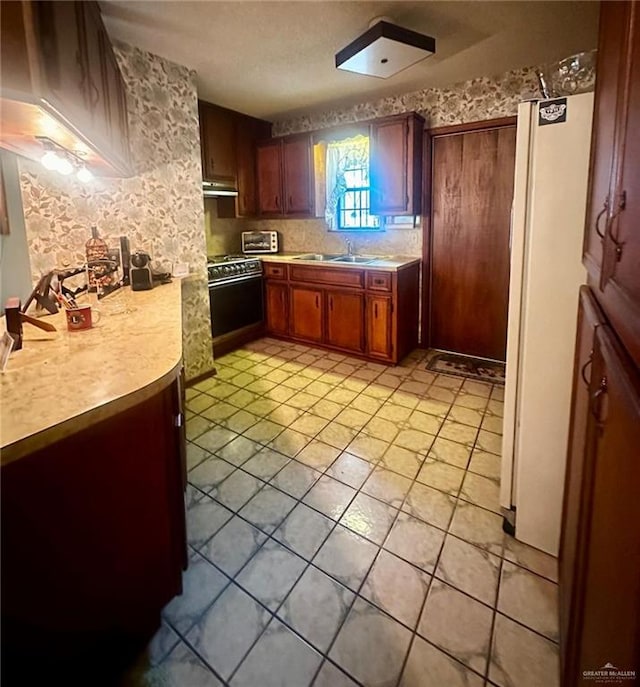 kitchen featuring gas stove, sink, white fridge, and exhaust hood